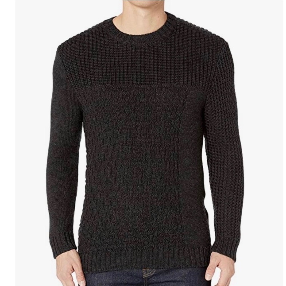 Baldwin Sweater Mens S Black Tierney 100% Wool Multi-Stitch Patchwork Crewneck